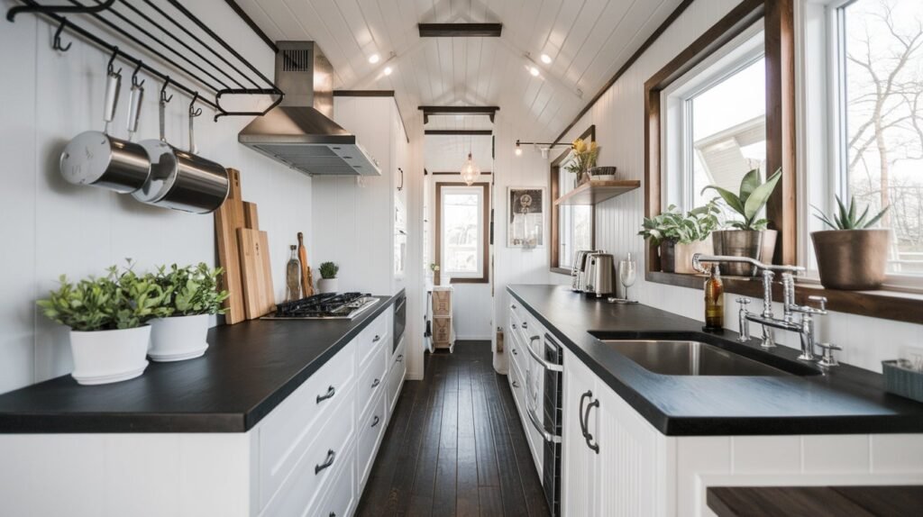 Modern tiny house kitchen with white cabinetry, black countertops, a stainless steel range hood, and open shelving with potted plants. A large, dark wood-framed window brings in natural light, highlighting the sleek black sink and stylish details like hanging metal cups and cutting boards.